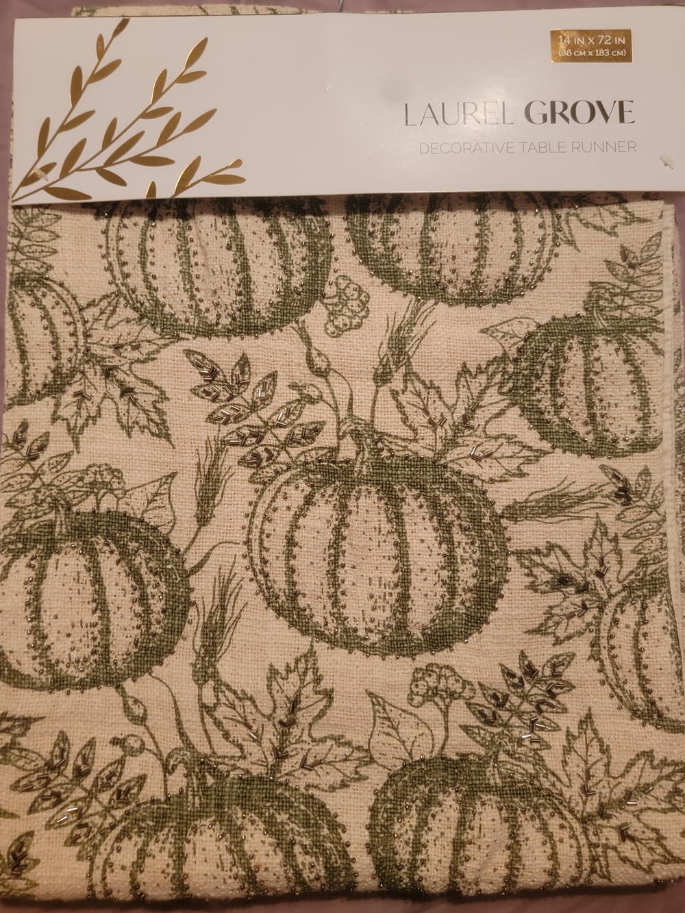 Laurel Grove Decorative Table Runner - Green Pumpkin Print NWT Beaded